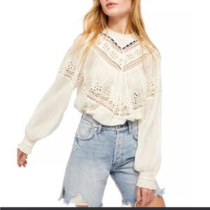 Free People Abigail Victorian Cream Lace-Detail Long-Sleeve Blouse